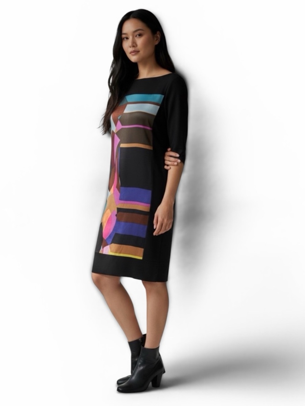 Suzi Chin Silk Blend Short Sleeve Geometric Print Black Cocktail Shift Dress, 12